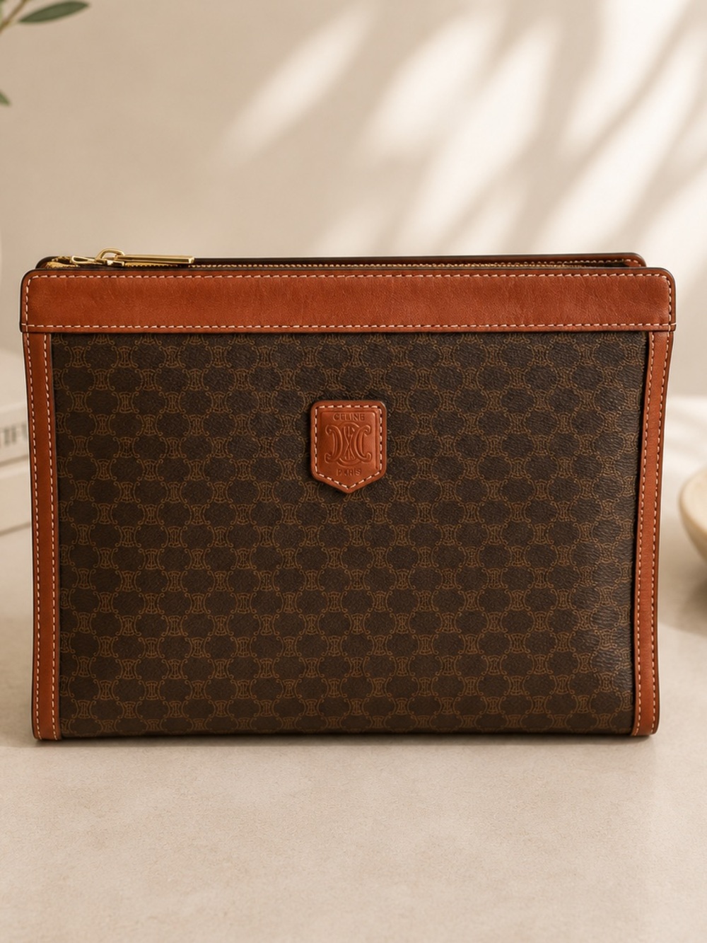 Celine Macadam Monogram Brown Canvas Leather Zip Clutch Pouch Vintage